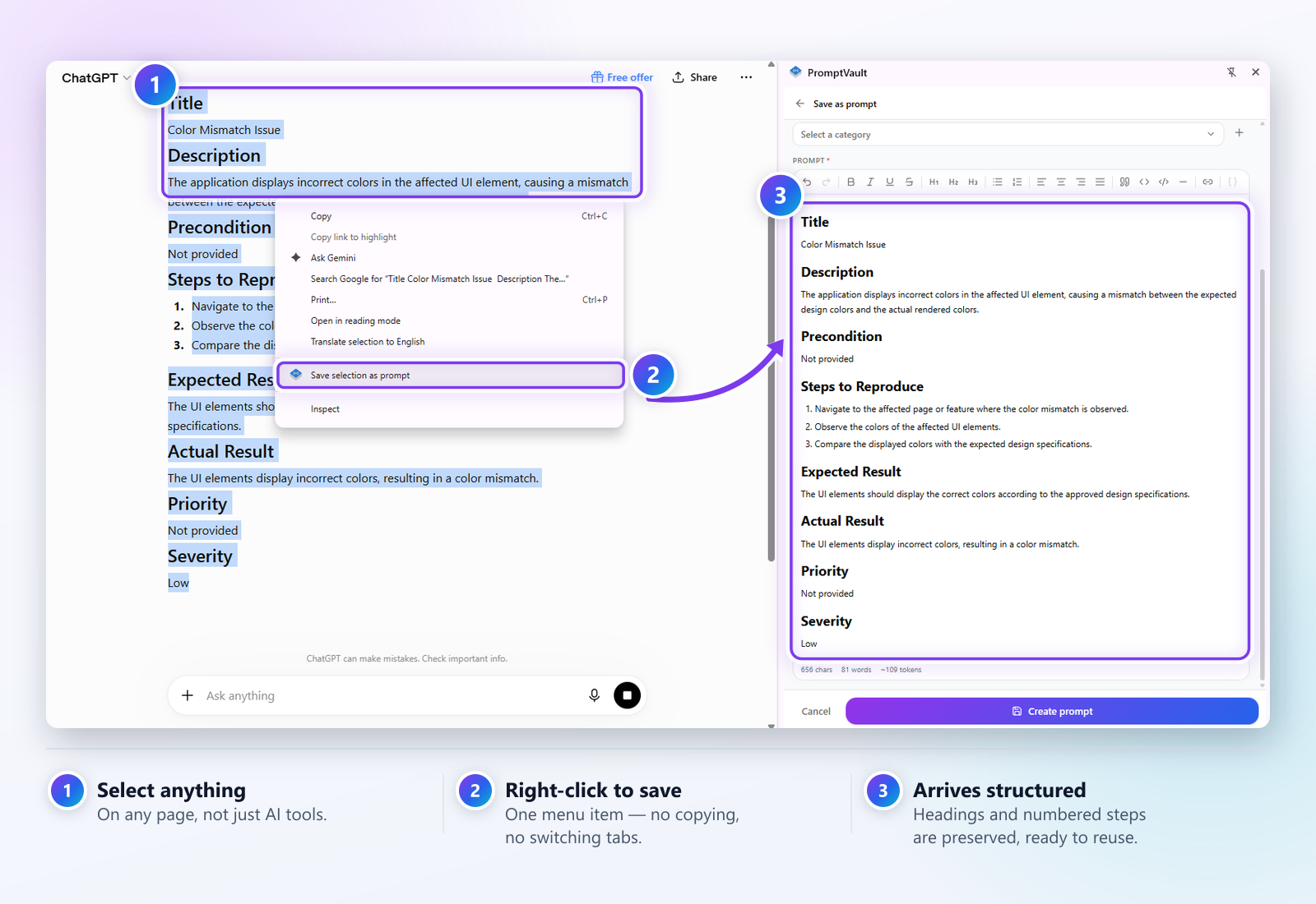 Text selected on a page with the right-click menu open on 'Save selection as prompt', and the saved prompt appearing structured in the side panel.