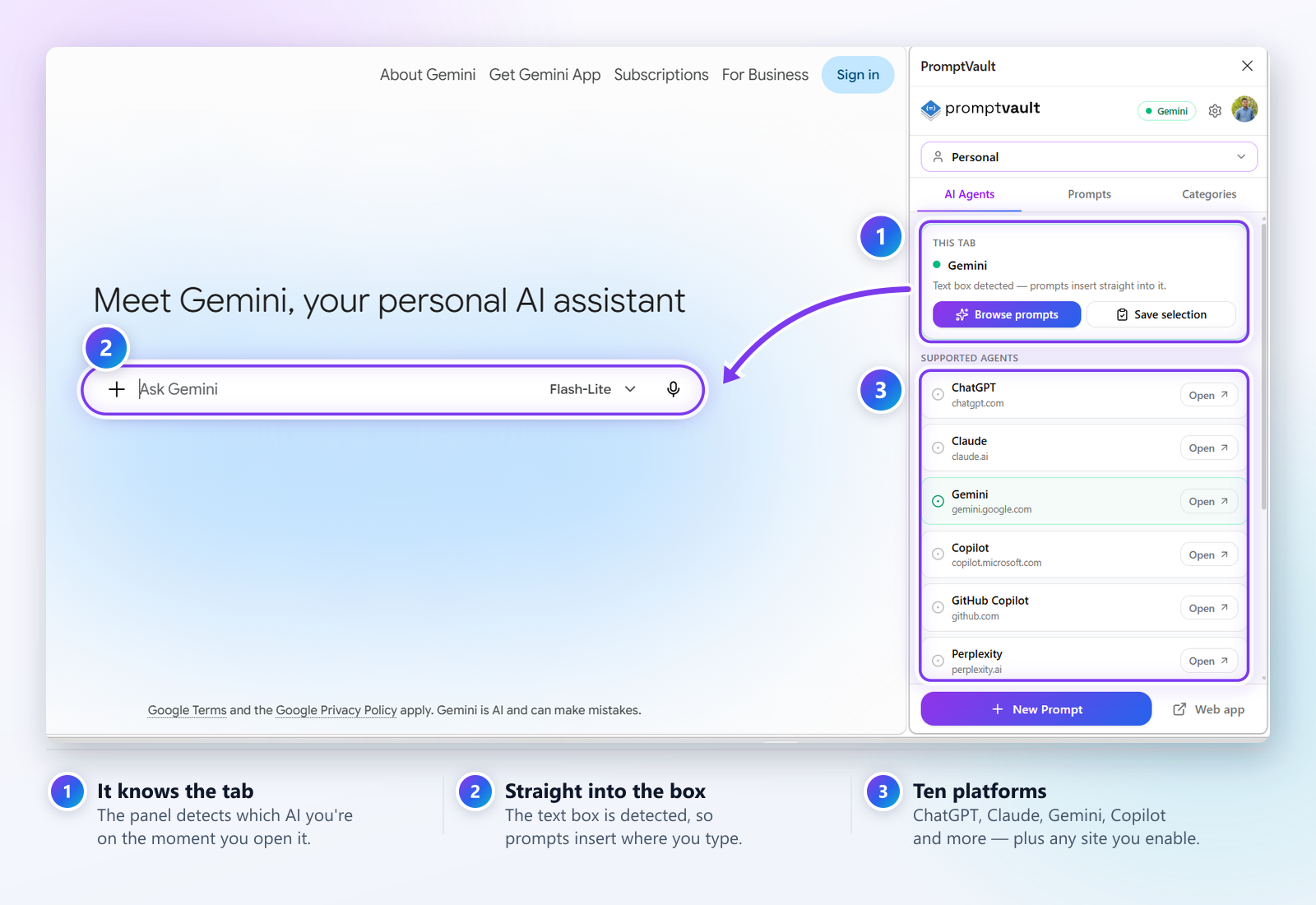 The side panel beside Gemini showing a 'this tab' card that has detected Gemini, above a list of supported AI platforms.