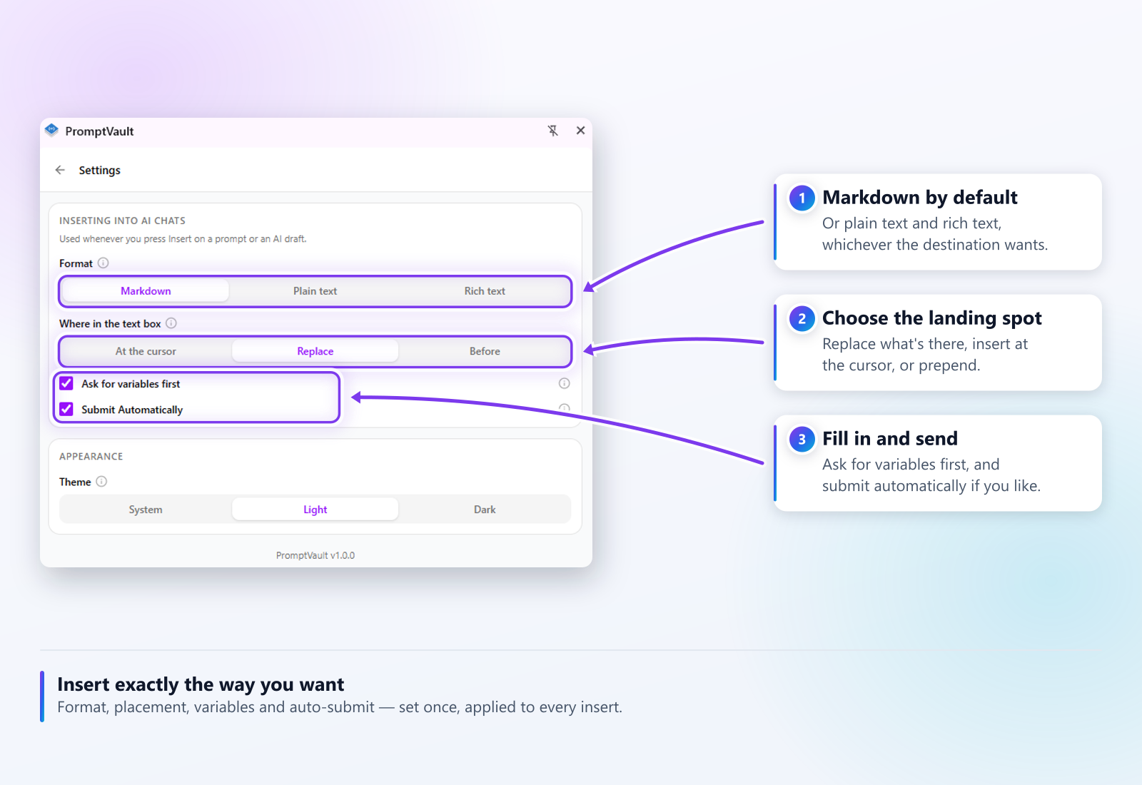 The extension settings screen showing insert format, placement options, and the variables and auto-submit toggles.